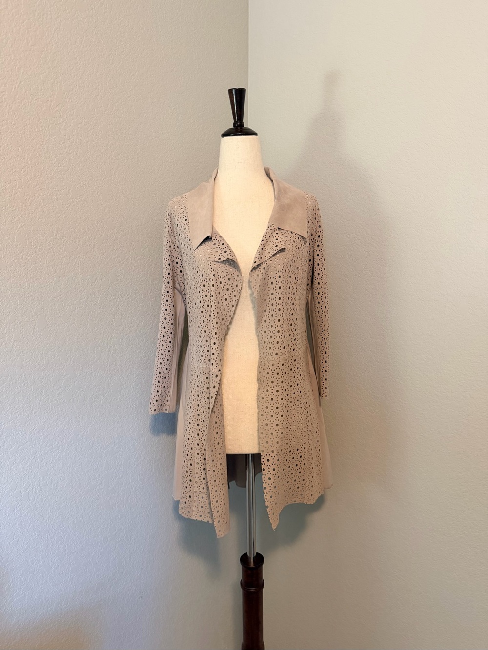 My Tribe Laser-Cut Leather Mixed Media Open Front Jacket Duster - Tan Beige XS